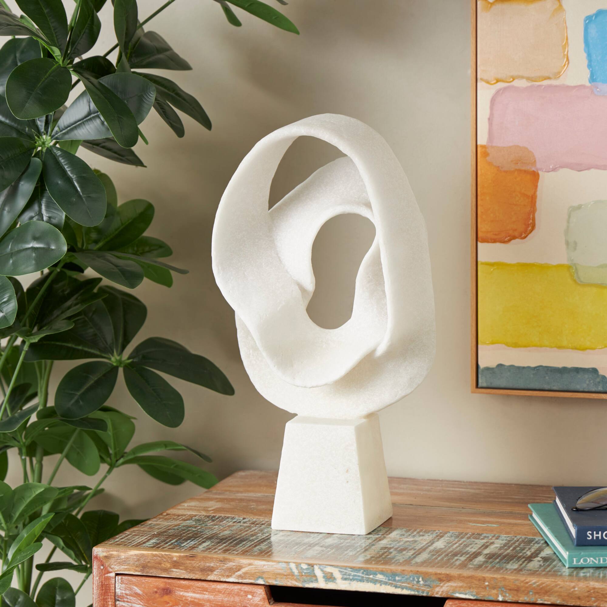 19" White Textured Wave Sculpture with Elevated Base